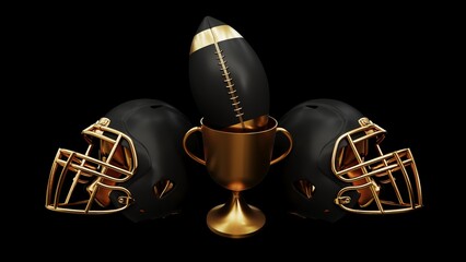 3D render of an American football background showing a football and trophy, celebrating Super Bowl victory and the thrill of the competition. Advertising banner with copy space