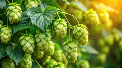 Close-up of hop flowers and leaves on a stem in a brewery garden, brewing supply, botanicals, hop flowers, hop leaves, farm to table