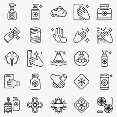 Fototapeta premium Minimalist Line Art Hygiene & Sanitization Icons Set – Disinfectant Sprays, Hand Sanitizer, Soap Dispensers, Surface Cleaning & More for Health & Safety