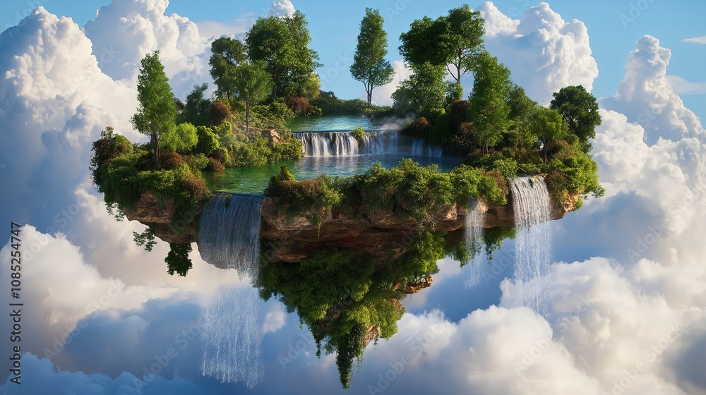 Poster Surreal Floating Island with Waterfall and Trees
