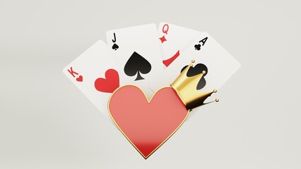 Casino chips, cubes, roulette, drum  on light wite background with with crown and goblet- 3d render. Flying chip for online casinos and mobile gambling applications, poker - winner, wealth concept.