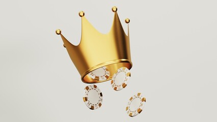 Casino chips, cubes, roulette, drum  on light wite background with with crown and goblet- 3d render. Flying chip for online casinos and mobile gambling applications, poker - winner, wealth concept.