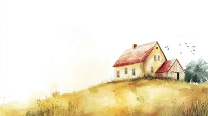 Fototapeta premium Watercolor Painting of a Farmhouse on a Hill