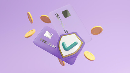 3D render banking system, noble payment. Digital wallet with an application for payment of credit and debit cards. The stylized concept of the bank, preservation and safety of money and savings.