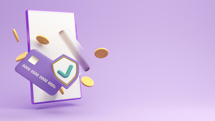 3D render banking system, noble payment. Digital wallet with an application for payment of credit and debit cards. The stylized concept of the bank, preservation and safety of money and savings.