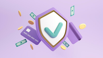 3D render banking system, noble payment. Digital wallet with an application for payment of credit and debit cards. The stylized concept of the bank, preservation and safety of money and savings.