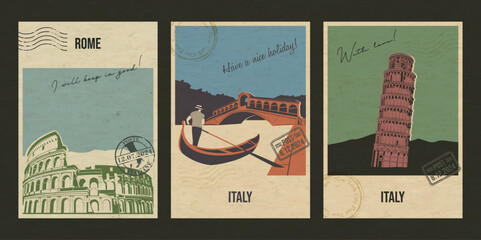Italy Most Famous Attractions. Roman Colosseum, Venice Channel, Leaning Tower of Pisa Illustrations, Retro Style Greeting Cards Vector Templates. Postal Imprints, Aged Paper Texture © koyash07