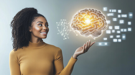 Naklejka premium Young Black woman with glowing, holographic brain projection in an image that visualizes brainstorming, concept work, data analysis, and the birth of innovative ideas, with copy space