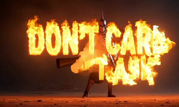 Don't Care, Didn't Ask. A skull knight wielding a flamethrower. Dark, intense, and rebellious.