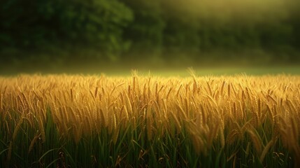 Fototapeta premium A serene field of golden wheat swaying gently in the warm sunlight, surrounded by nature.