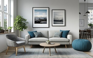Modern living room with cozy furniture and framed artworks.