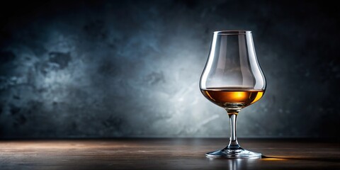 Distilled spirit sitting alone in a glass vessel with a curved bowl and long stem, surrounded by an elegant base, container, liquid, glassware, amber, barware
