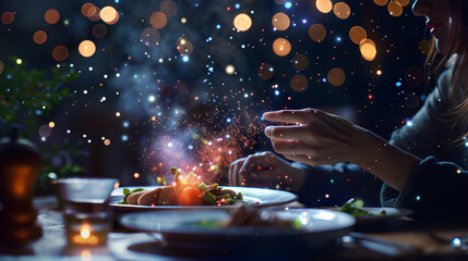 Naklejka premium culinary experience with sparkling bokeh in a nighttime setting. People eating in fashion restaurants 