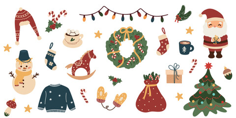 Big set of Christmas cute design elements. Cozy winter decor for decoration, poster, stickers. Christmas tree, snowman, Santa, gifts. Hand drawn color flat isolated elements on white background.