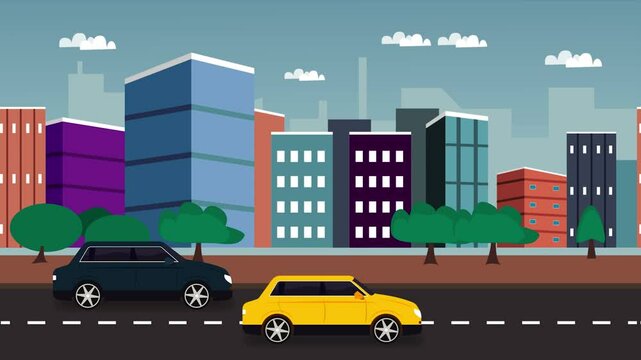 Flat animation of Moving car and city background