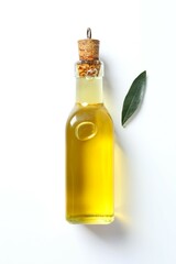Bottle of fresh olive oil on white background