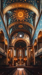 Fototapeta premium A stunning interior of an ornate church with intricate decorations and warm lighting.