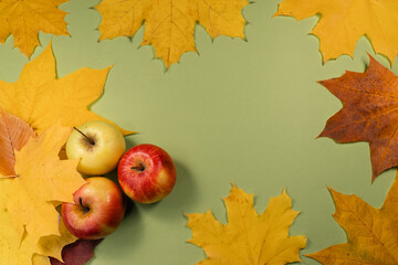 Apples and autumn leaves creatively arranged in a border style on a green surface, perfect for seasonal themes.