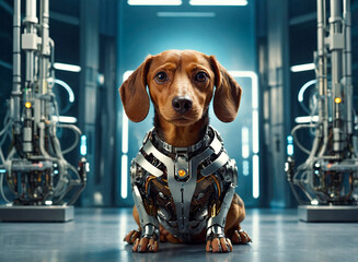 Dachshund dog in an android robot costume, in a high-tech laboratory