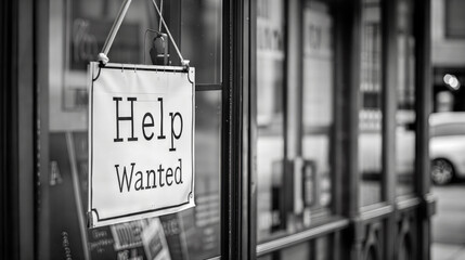 Black and white help wanted sign on storefront reflecting job opportunities