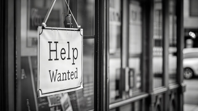 Black and white help wanted sign on storefront reflecting job opportunities