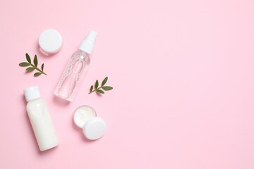 Natural cosmetic products on color background