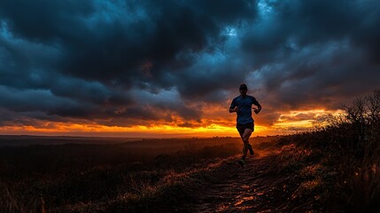 Obraz premium A runner jogs along a trail at sunset, surrounded by dramatic clouds and vibrant colors.