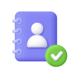 Contact book with user sign and check mark. Contact information, business, verification, digital communication concept. 3d vector icon. Cartoon minimal style.