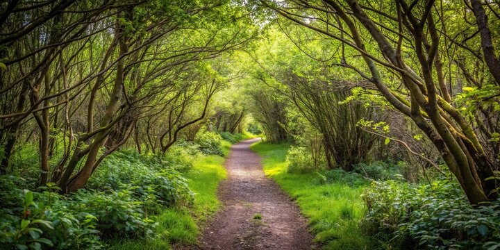 Forest path winding through a thicket of brambles and shrubs, foliage, brambles