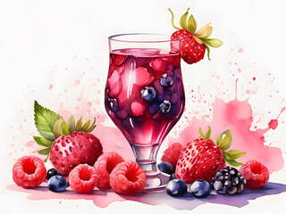 A delicate watercolor painting of a glass filled with a vibrant berry smoothie, surrounded by fresh strawberries, blueberries, and raspberries.