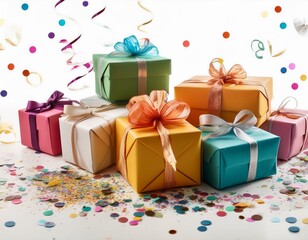 Wrapped presents for birthday, gift boxes with ribbon and bow, confetti on white background