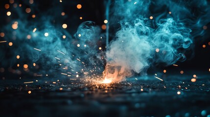 Naklejka premium Stick welding steel taking place, with bright lights, wisps of smoke, and flying sparks creating bright trails. Photo taken in Gainesville, Florida. Nikon D750 with Nikon 24-70 ED VR lens
