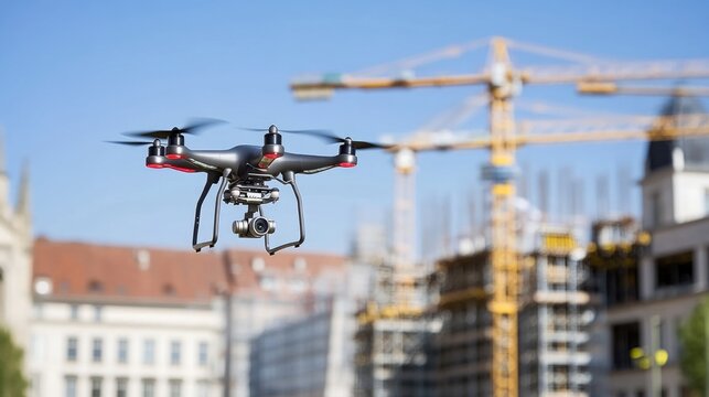  selective focus photo of a Drone flying over a construction site at sunny day, blurred background.