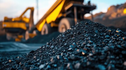 Close-up of Coal Pile with Blurred Excavator in Background