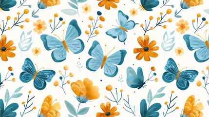 A seamless pattern of yellow flowers, blue butterflies, and greenery on a white background.