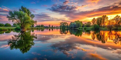 Obraz premium High definition landscape photography featuring a serene lake at sunset with trees reflected on the water's surface, serene lakeside, reflection in water