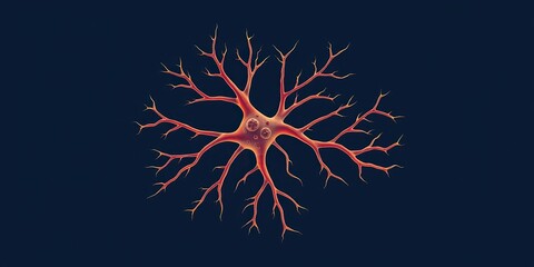 Illustration of a nerve cell with multiple dendrites and axon terminals, communication, neuroscience concept