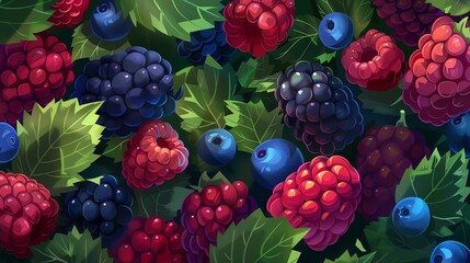 A colorful pattern of blueberries, blackberries and raspberries.
