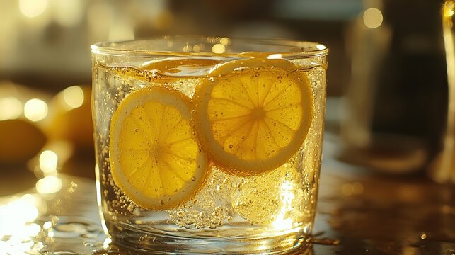 A refreshing glass of sparkling water with lemon slices, ideal for hydration and enjoyment.