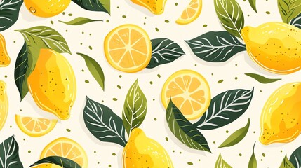 A seamless pattern of lemons and leaves on a white background.
