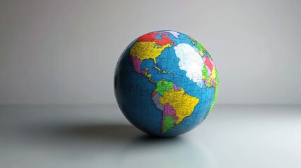Colorful Globe with Detailed Map Illustrating Continents, Oceans, and Countries on a Smooth Surface Against a Soft Neutral Background