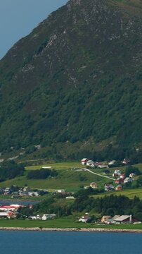 Giske, Norway. View Of Alesund Islands. Houses On Coast Of Giske Island. Sunny Summer Day. Giske Is An Island Municipality In More Og Romsdal County, Norway. The Municipal Centre Is Valderhaugstrand