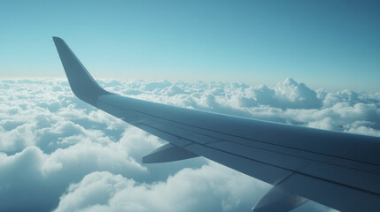 side view of aircraft wing in the beautiful blue sky with clouds