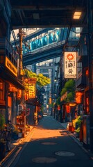 Obraz premium A vibrant alleyway in Japan illuminated by warm street lights at dusk.