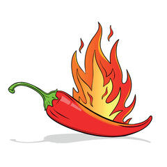 Simple Spicy Chili Pepper on Fire Cartoon Bold Illustration on white background