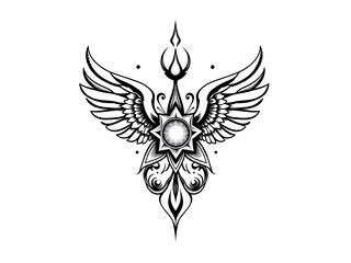 Fototapeta premium Black Ink Illustration of a Sun with Wings and Ornate Details. AI Generated