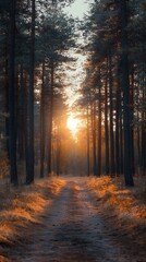 Obraz premium Serene forest pathway illuminated by warm sunset light.