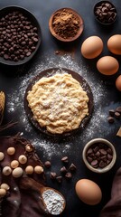 A flat lay of baking ingredients, featuring dough, eggs, and chocolate chips.