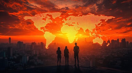 Fototapeta premium Chasing Ambitions: Silhouetted Figures Admiring a Glowing World Map Over a Cityscape - Perfect as a Sporty Interior Poster Capturing Modern Connections Amidst a Stunning Sunset!