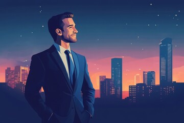 Confident businessman at sunset overlooking cityscape in minimalist style